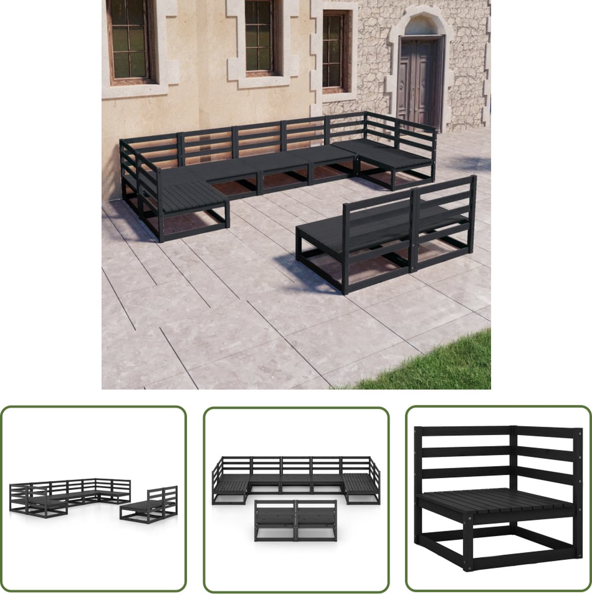 Massief grenenhouten loungeset met buisvormige tuinstoelen en teak lounge stoel.