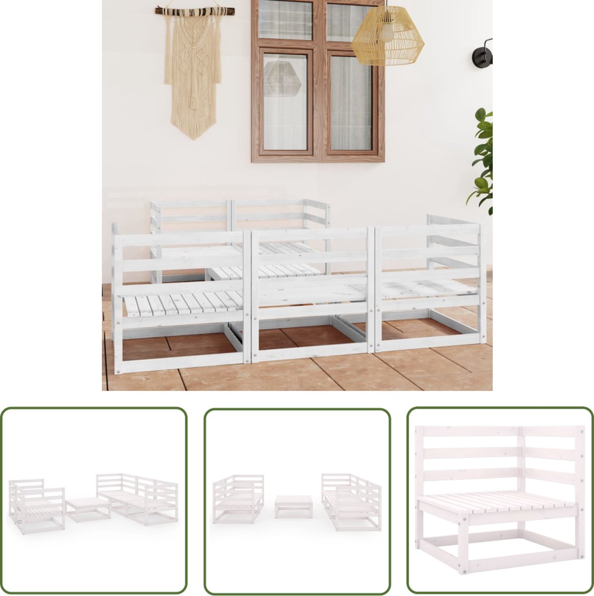 The Living Store 6-delige Loungeset massief grenenhout wit - Tuin Lounge Set - Houten Loungebank - Zitbank - Buitentijd - Veranda