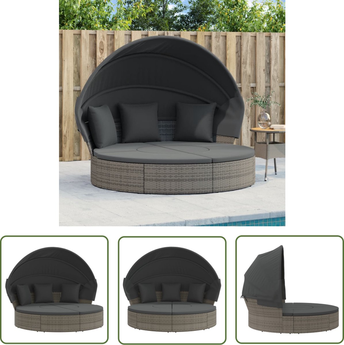 Luxe grijs poly rattan loungebed met luifel en kussens - Tuinmeubelset.
