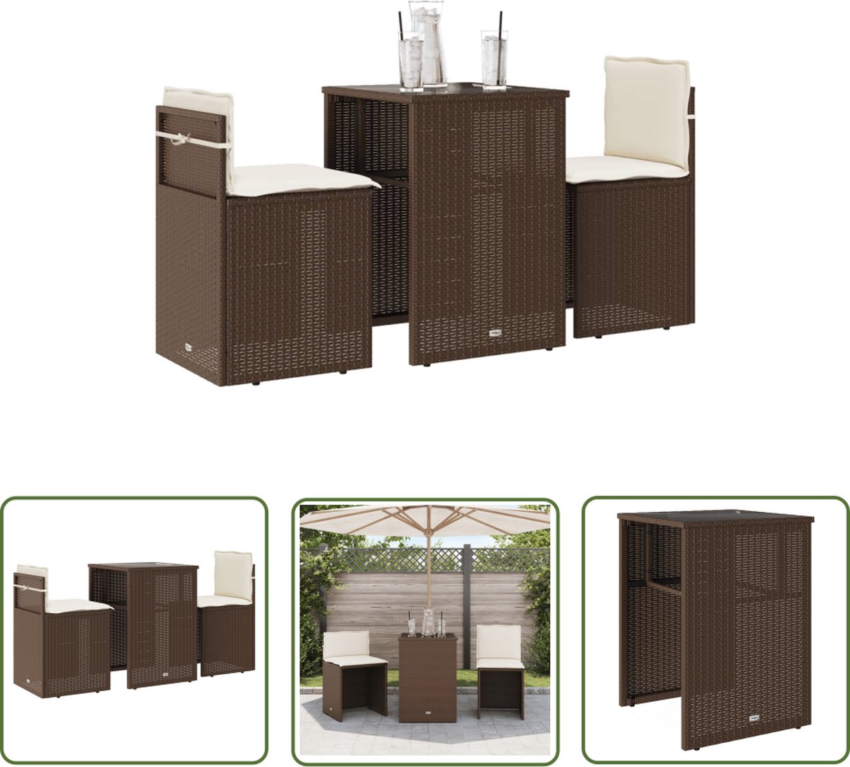 The Living Store 3-delige Bistroset met kussens poly rattan bruin - Bistroset - Tuinmeubels - Buitenshuis Eten - Tuinbank - Lounge Set