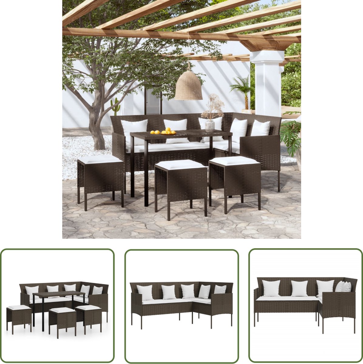 The Living Store 5-delige Loungeset met kussens L-vormig poly rattan bruin - Loungeset - Terrassenbank - Loungehoek - Buisstoel - Outdoor Furniture