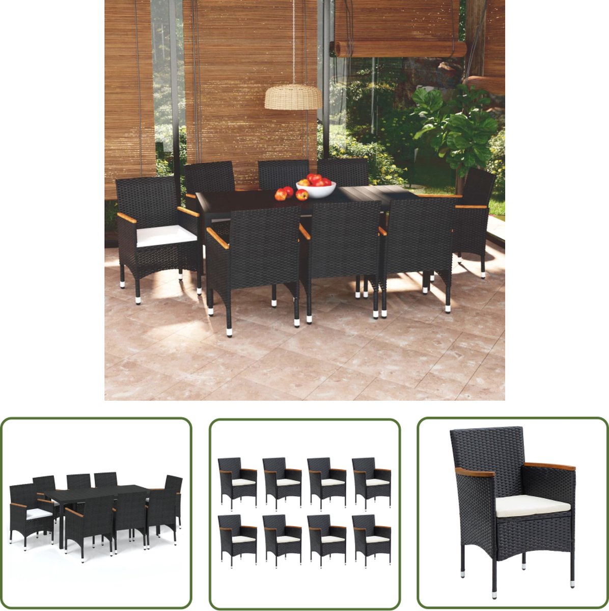 Zwart poly rattan tuinset met kussens - The Living Store.