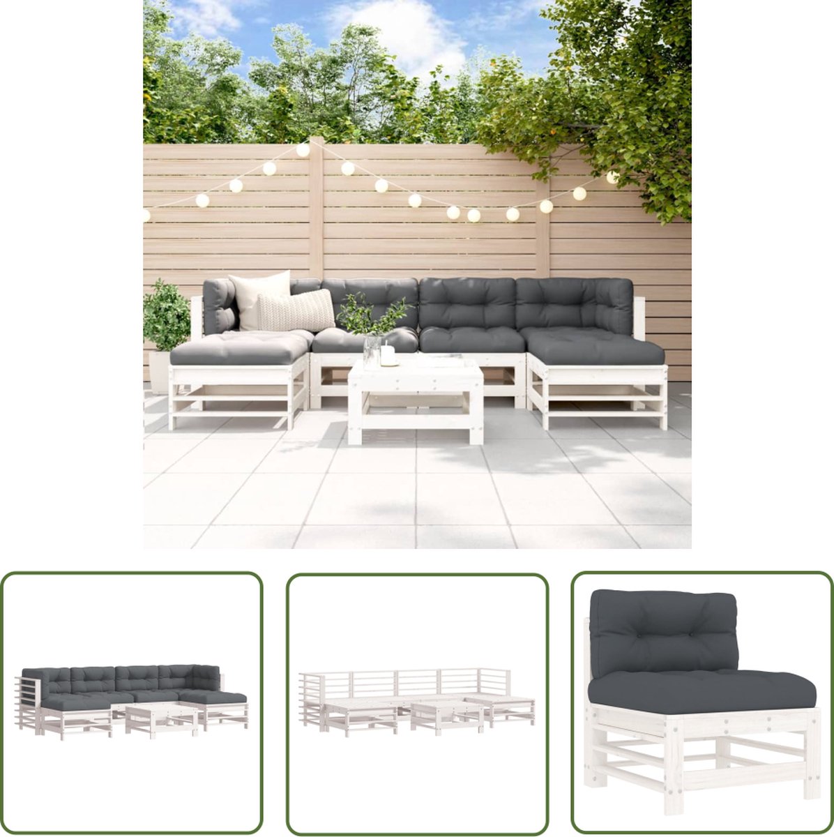 Moderne witte loungeset van massief teakhout met kussens voor tuin.