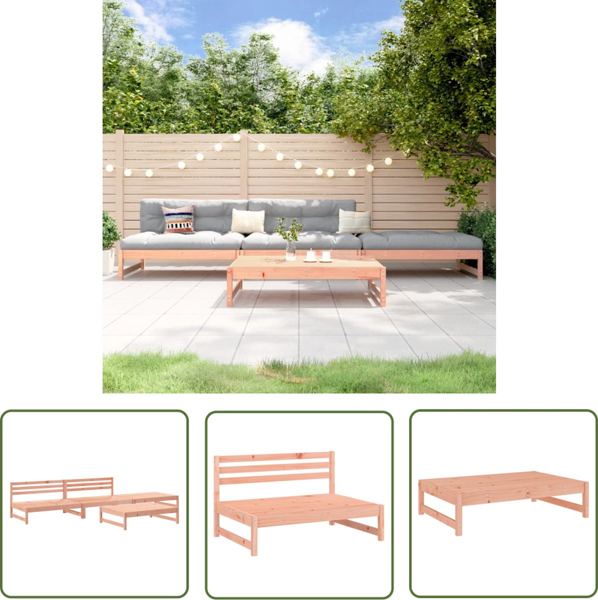 Massieve douglashouten loungeset met loungebank en tuinset - Buitendecoratie in natuurlijke kleuren.