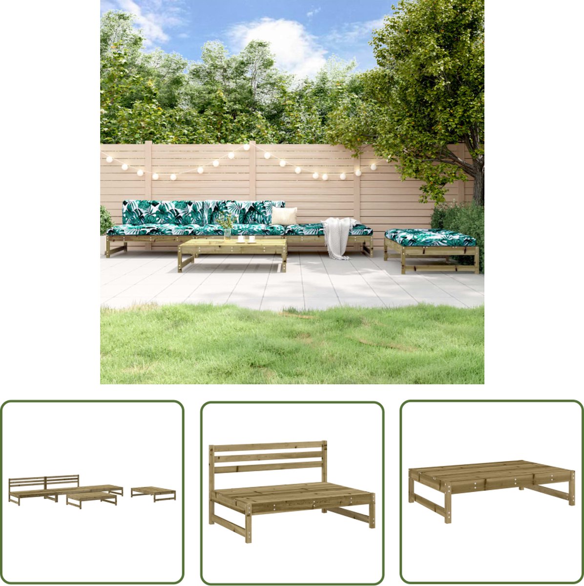 The Living Store 5-delige Loungeset geïmpregneerd grenenhout - Loungeset - Tuinset - Lounge Bank - Buitendrankje - Teak