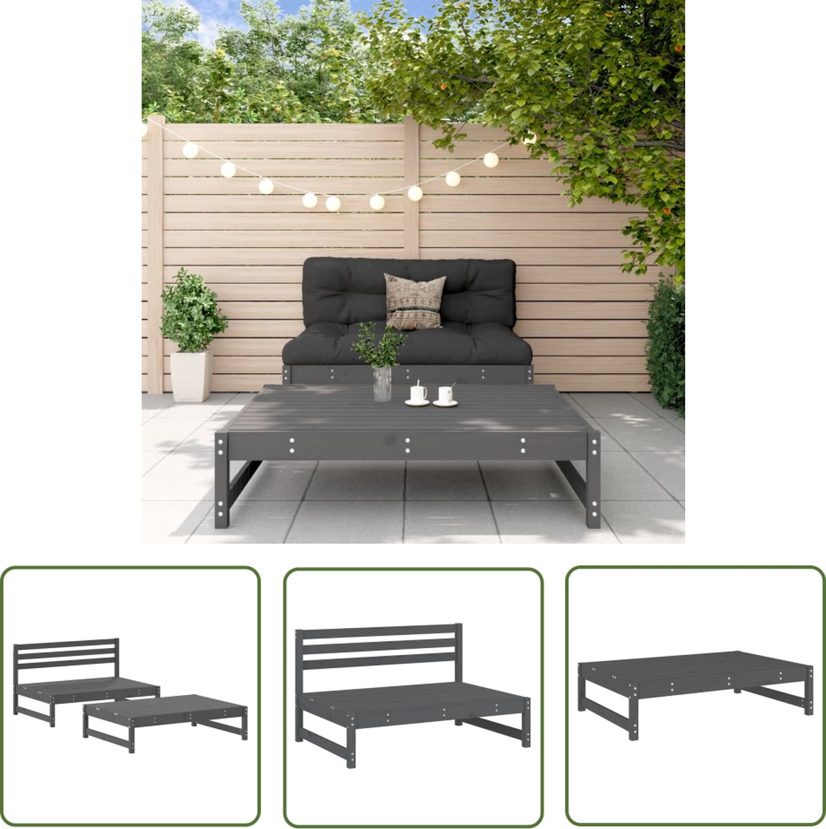 The Living Store 2-delige Loungeset massief grenenhout grijs - Loungeset - Tuinset - Buitenmeubilair - Hout Meubel - Tuin Bank