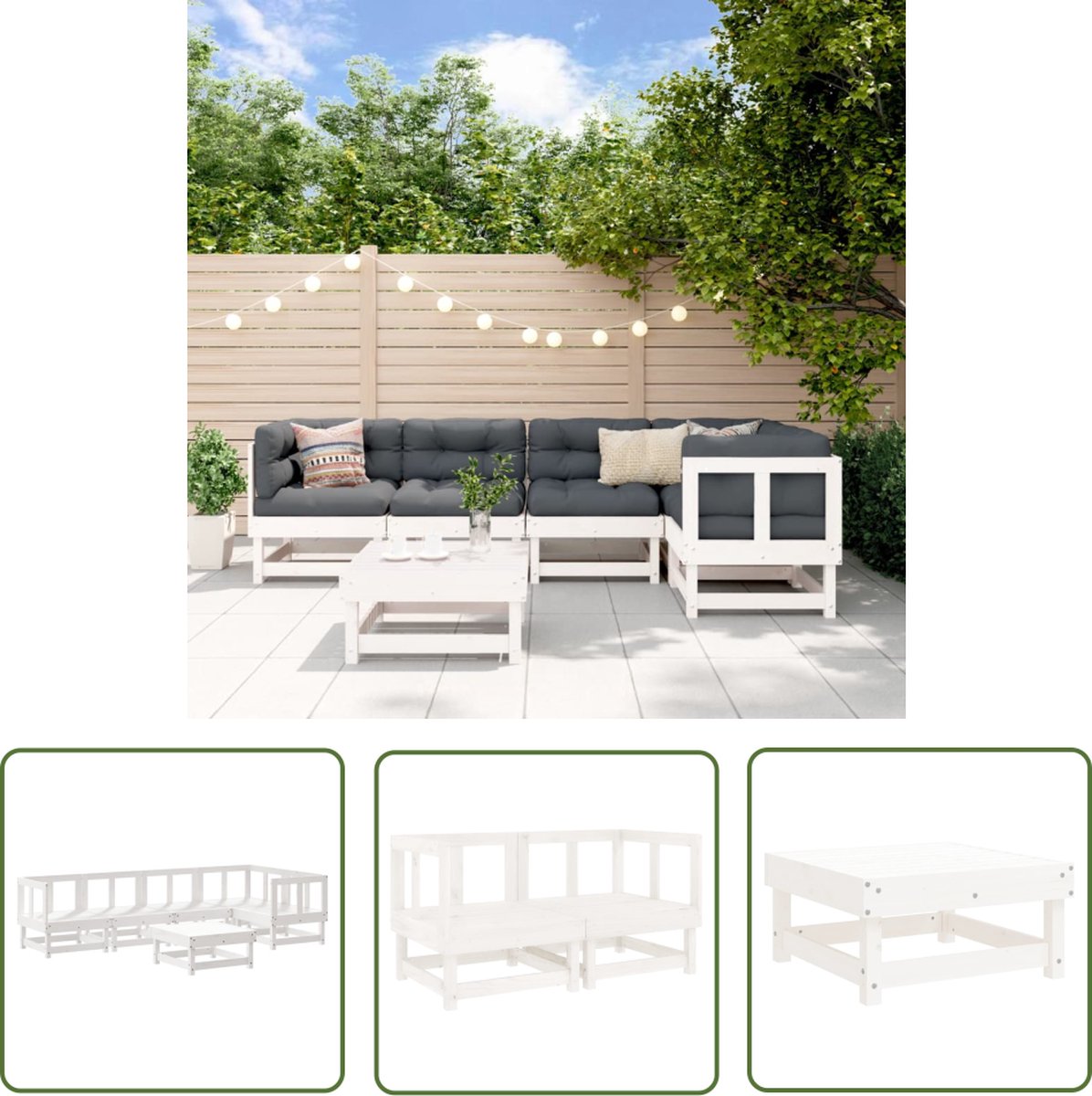 The Living Store 6-delige Loungeset massief grenenhout wit - Loungeset - Tuinlounge - Lounge Set - Buitendecoratie - Hout Meubel