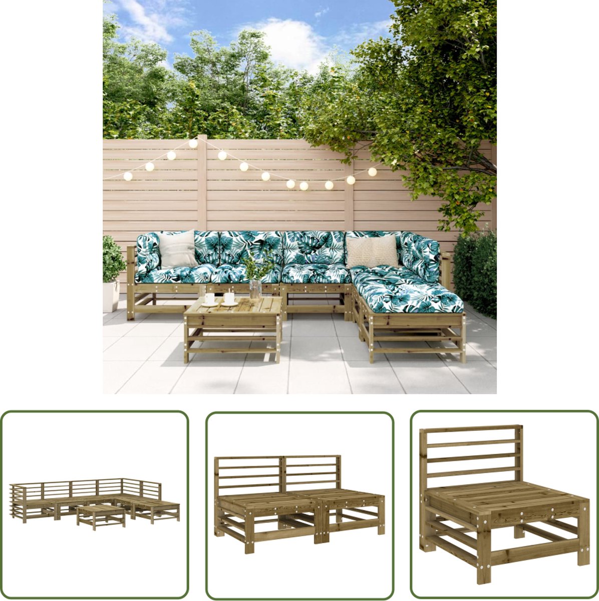The Living Store 7-delige Loungeset geïmpregneerd grenenhout - Loungebank - Tuinset - Hout - Grenenhout - Lounge