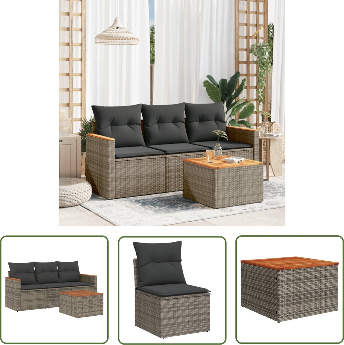 The Living Store 4-delige Loungeset met kussens poly rattan grijs - Loungeset - Lounge Set - Tuinlounge - Buitentijd - Relaxen