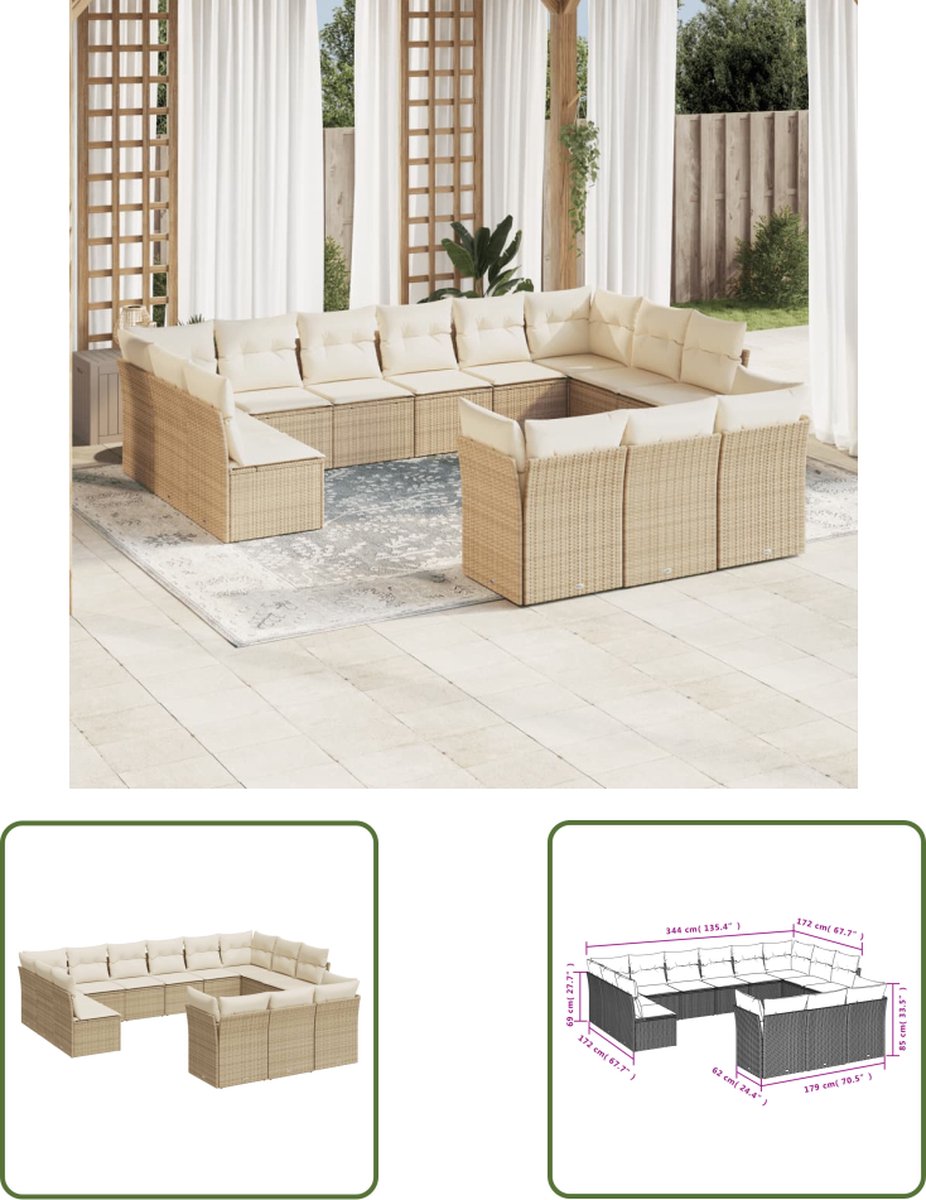 The Living Store 13-delige Loungeset met kussens poly rattan beige - Loungeset - Tuinset - Buitendecoratie - Lounge - Ratan