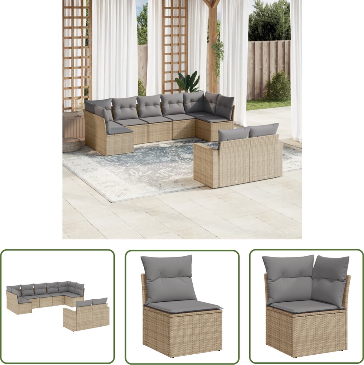 The Living Store 9-delige Loungeset met kussens poly rattan beige - Loungebank - Tuinset - Lounge Set - Tuinmeubels - Outdoor Furniture