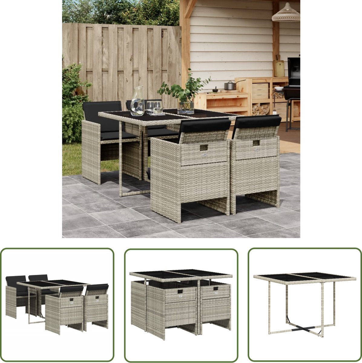 Tuinset met lichtgrijze poly rattan kussens - The Living Store.