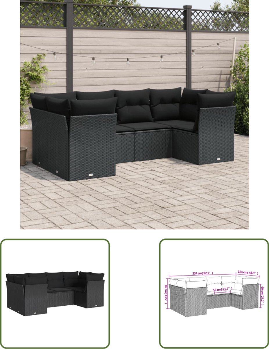 The Living Store 6-delige Loungeset met kussens poly rattan zwart - Loungebank - Tuinset - Lounge Set - Buitendecoratie - Garden Furniture