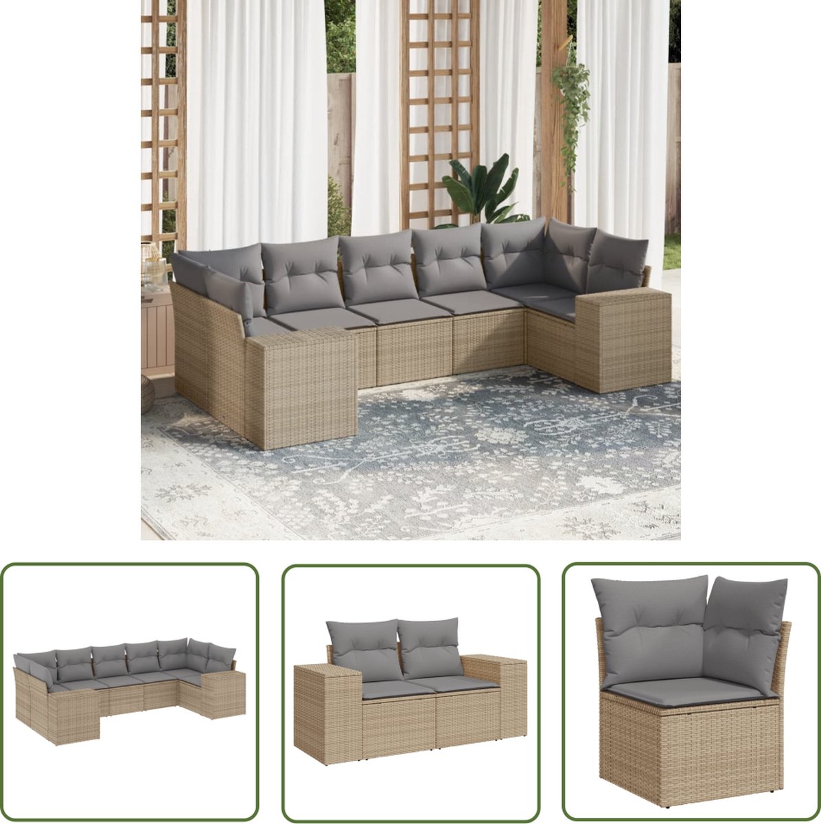 The Living Store 7-delige Loungeset met kussens poly rattan beige - Loungebank - Tuinset - Lounge Set - Buitendecoratie - Garden Furniture Loungeset van poly rattan in beige met kussens - Tuinmeubilair.