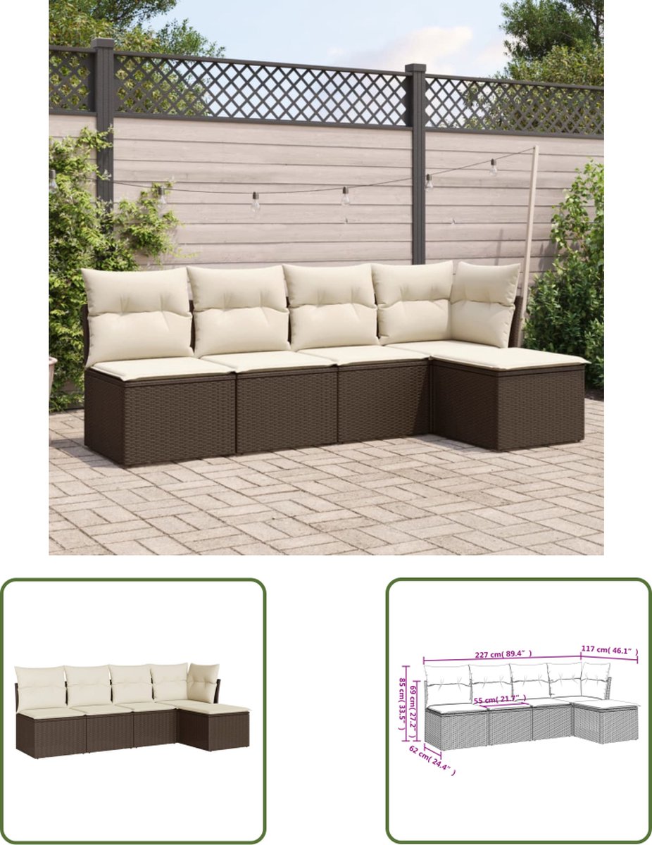 The Living Store 5-delige Loungeset met kussens poly rattan bruin - Loungebank - Tuinlounge - Lounge Set - Buis Meubel - Outdoor Furniture