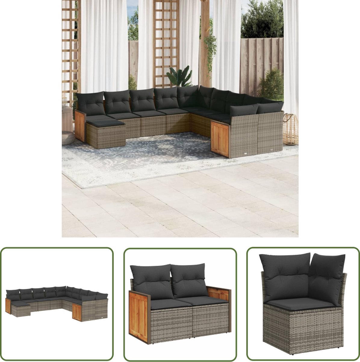 Grijs poly rattan loungeset met kussens en loungebank voor buitendecoratie.