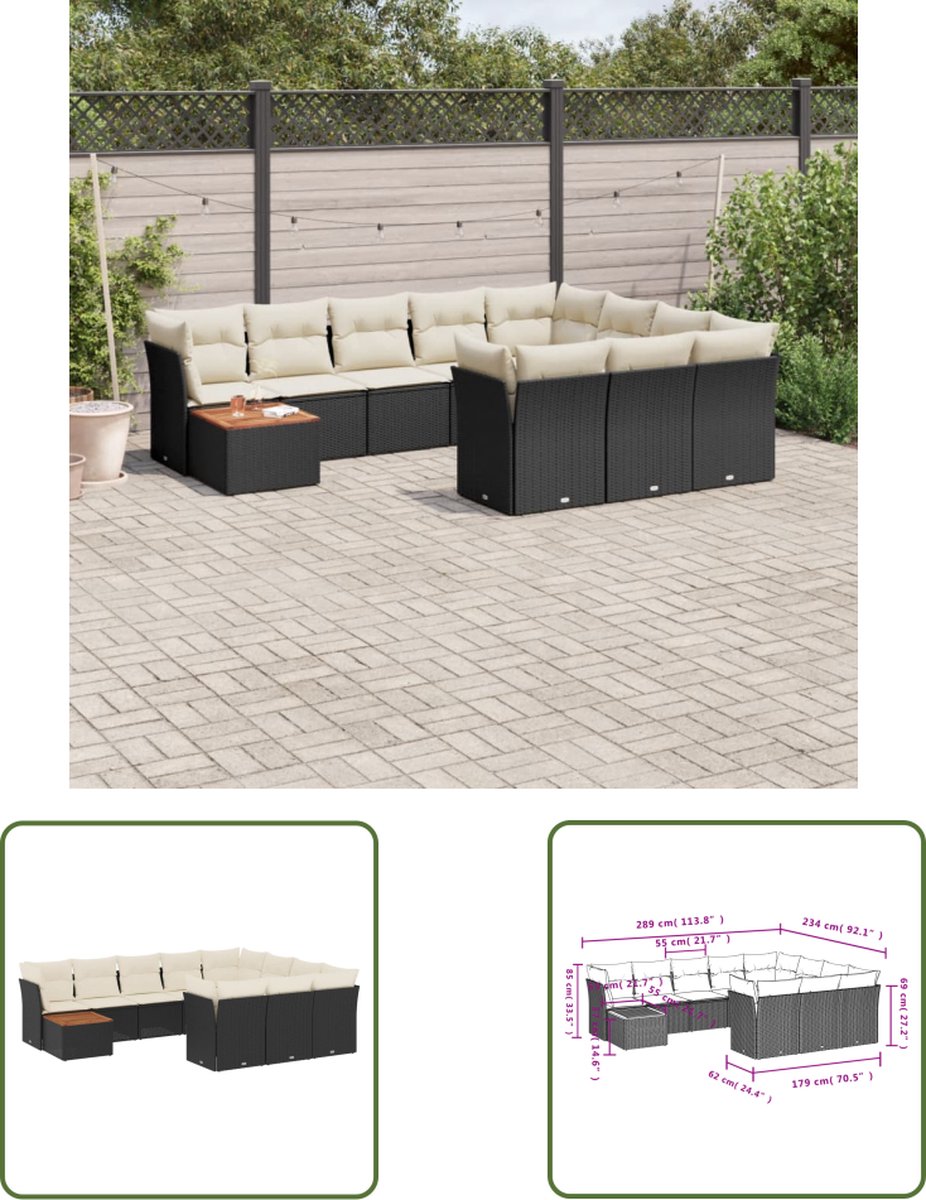 The Living Store 11-delige Loungeset met kussens poly rattan zwart - Loungeset - Lounge Set - Tuinlounge - Buitentijnen - Loungebank