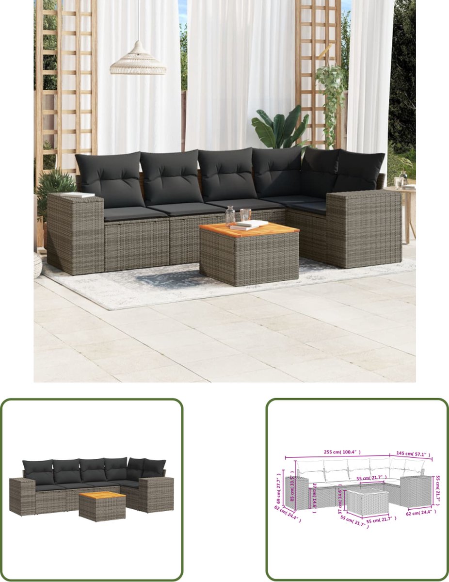 Grijze poly rattan loungeset met kussens voor buiten - Tuinmeubels.