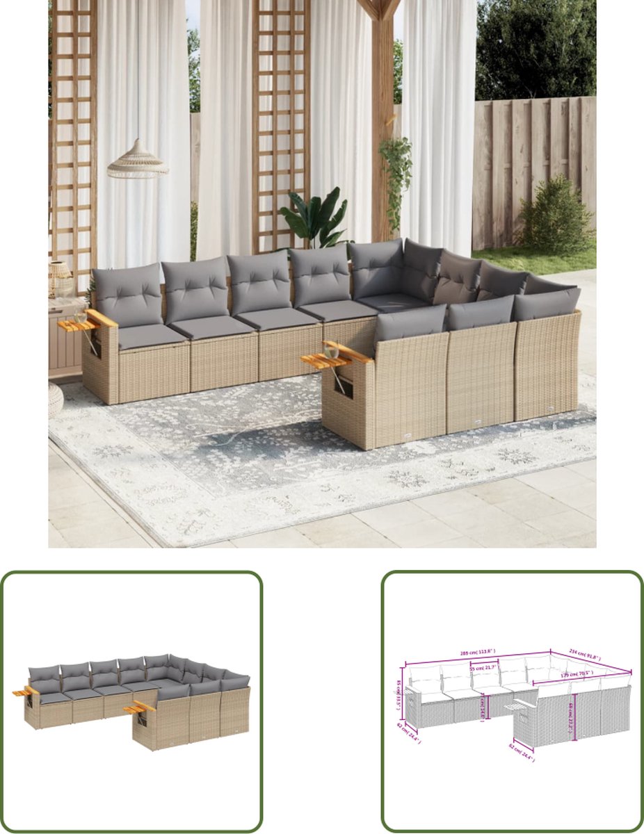 The Living Store 10-delige Loungeset met kussens poly rattan beige - Loungeset - Tuinset - Lounge Set - Tuinmeubels - Ratan Meubel