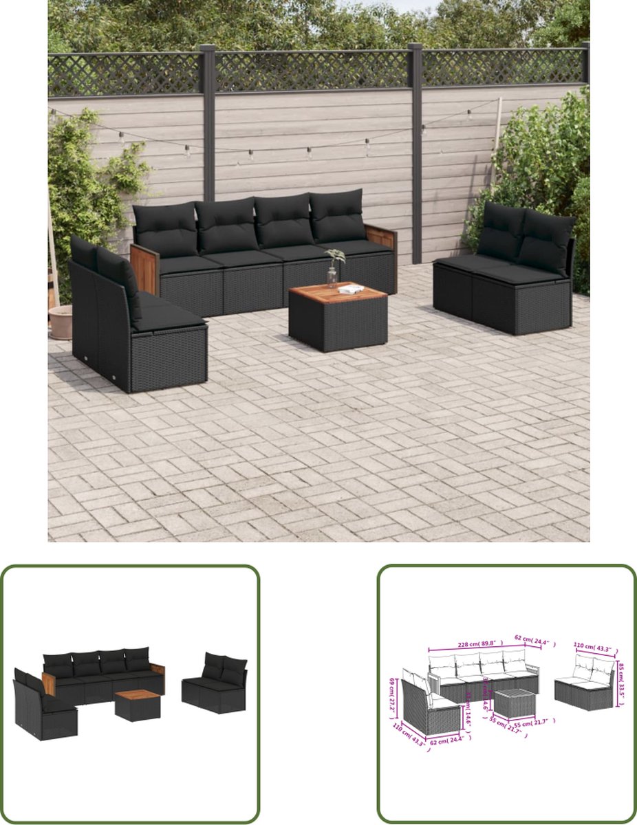 The Living Store 9-delige Loungeset met kussens poly rattan zwart - Loungeset - Lounge Set - Tuinlounge - Buitendiner - Outdoor Furniture