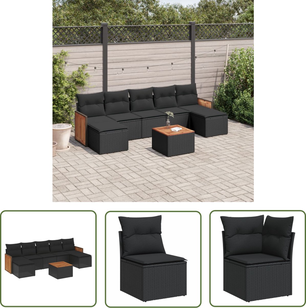 The Living Store 8-delige Loungeset met kussens poly rattan zwart - Tuinlounge Set - Lounge Set - Buitendecoratie - Outdoor Furniture - Pe Rattan