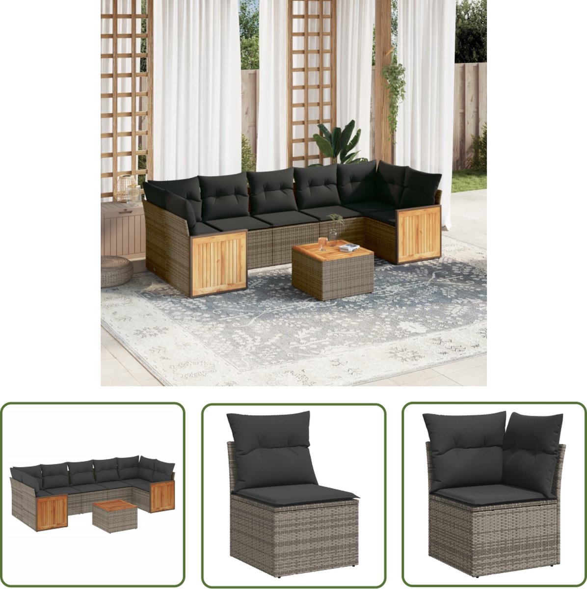 The Living Store 8-delige Loungeset met kussens poly rattan grijs - Loungebank - Lounge Set - Buitendecoratie - Tuinmeubels - Outdoor Furniture
