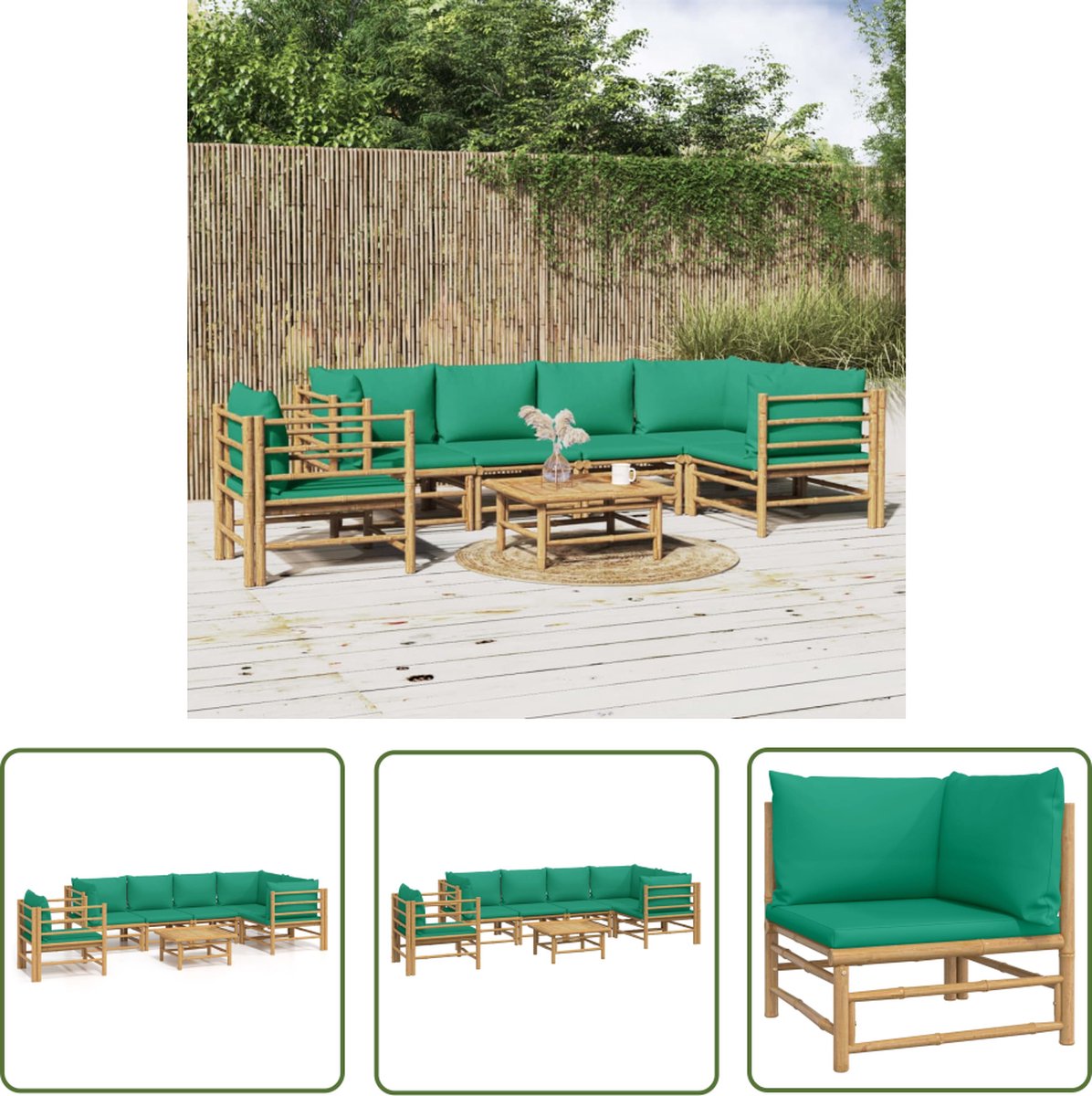 The Living Store 7-delige Loungeset met kussens bamboe groen - Bamboetuinset - Lounge Set - Buis Meubelset - Tuinlounge - Outdoor Furniture