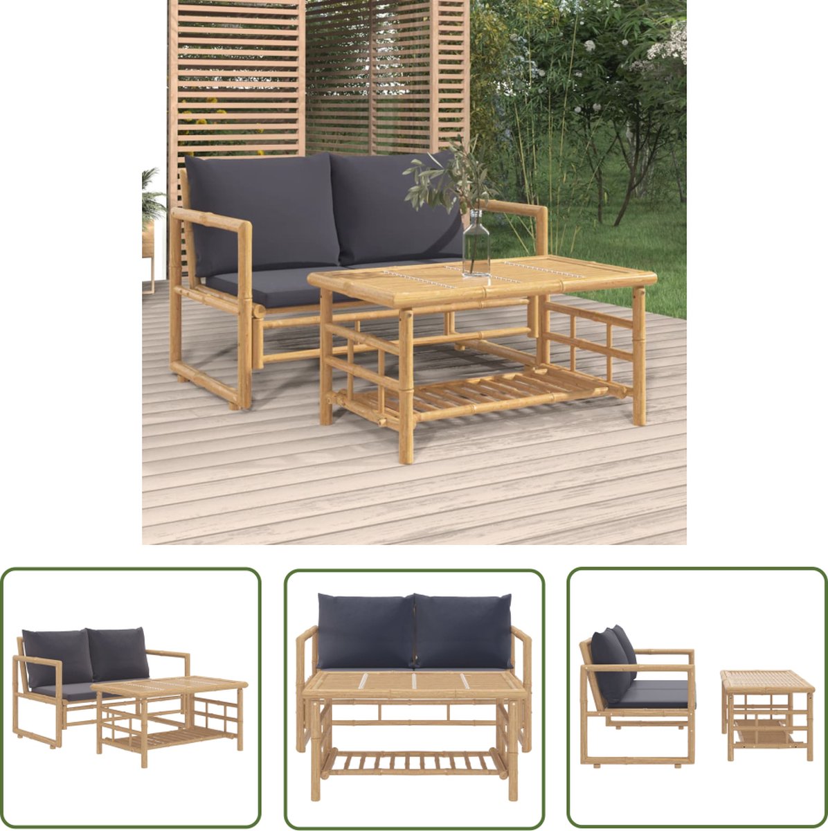 Bamboe loungeset met donkergrijze kussens voor buiten - Tuinset - The Living Store