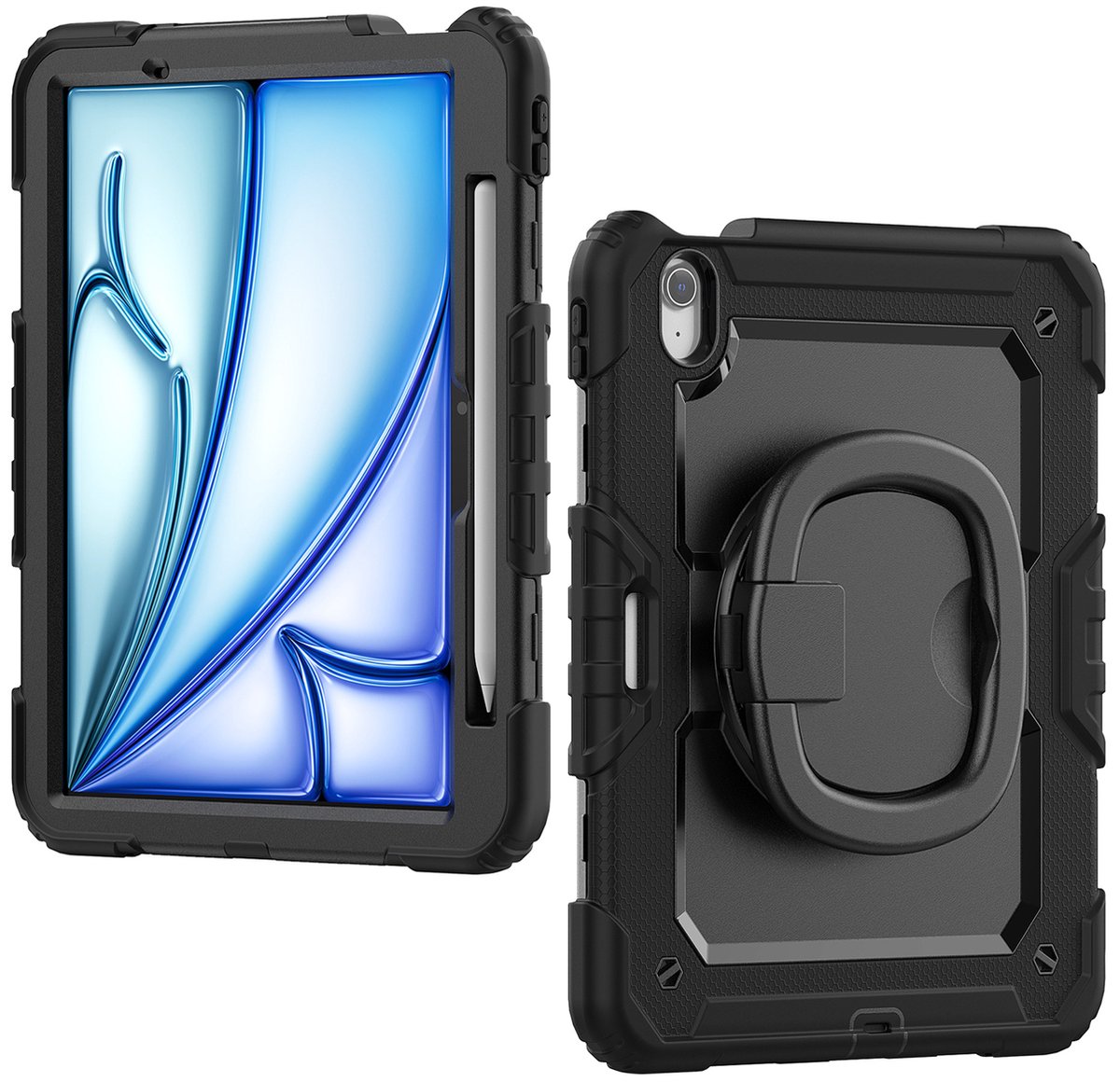 Mobilize Tablethoes geschikt voor Apple iPad Air 11 Inch (2024) Hardcase Backcover | Mobilize Rotating Defender + Schouderband | Schokbestendig iPad Air 11 Inch (2024) Telefoonhoesje | Anti Shock Proof + Standaard - Zwart