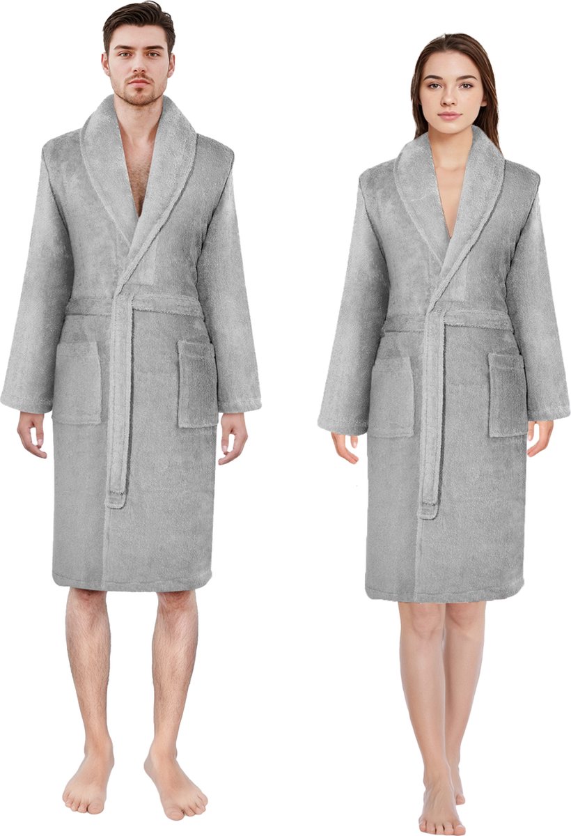 Badjas 100% Turks Katoen Badjas, L -Unisex ochtendjas, Absorberende Badjassen met Shawlkraag voor Vrouwen & Mannen 1st- Grijs