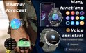 Zilveren smartwatch met zwart bandje toont weersvoorspelling, stressniveau en verbindt met een smartphone voor muziek en spraakassistent.