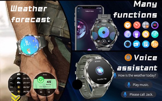Zilveren smartwatch met zwart bandje toont weersvoorspelling, stressniveau en verbindt met een smartphone voor muziek en spraakassistent.
