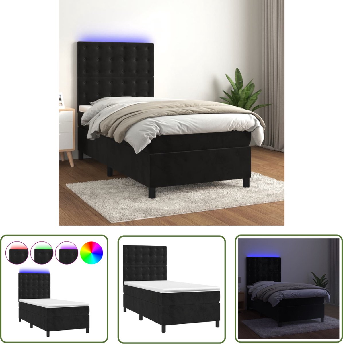 The Living Store Boxspring - Bedframe met LED - 203 x 80 cm - Zwart fluweel