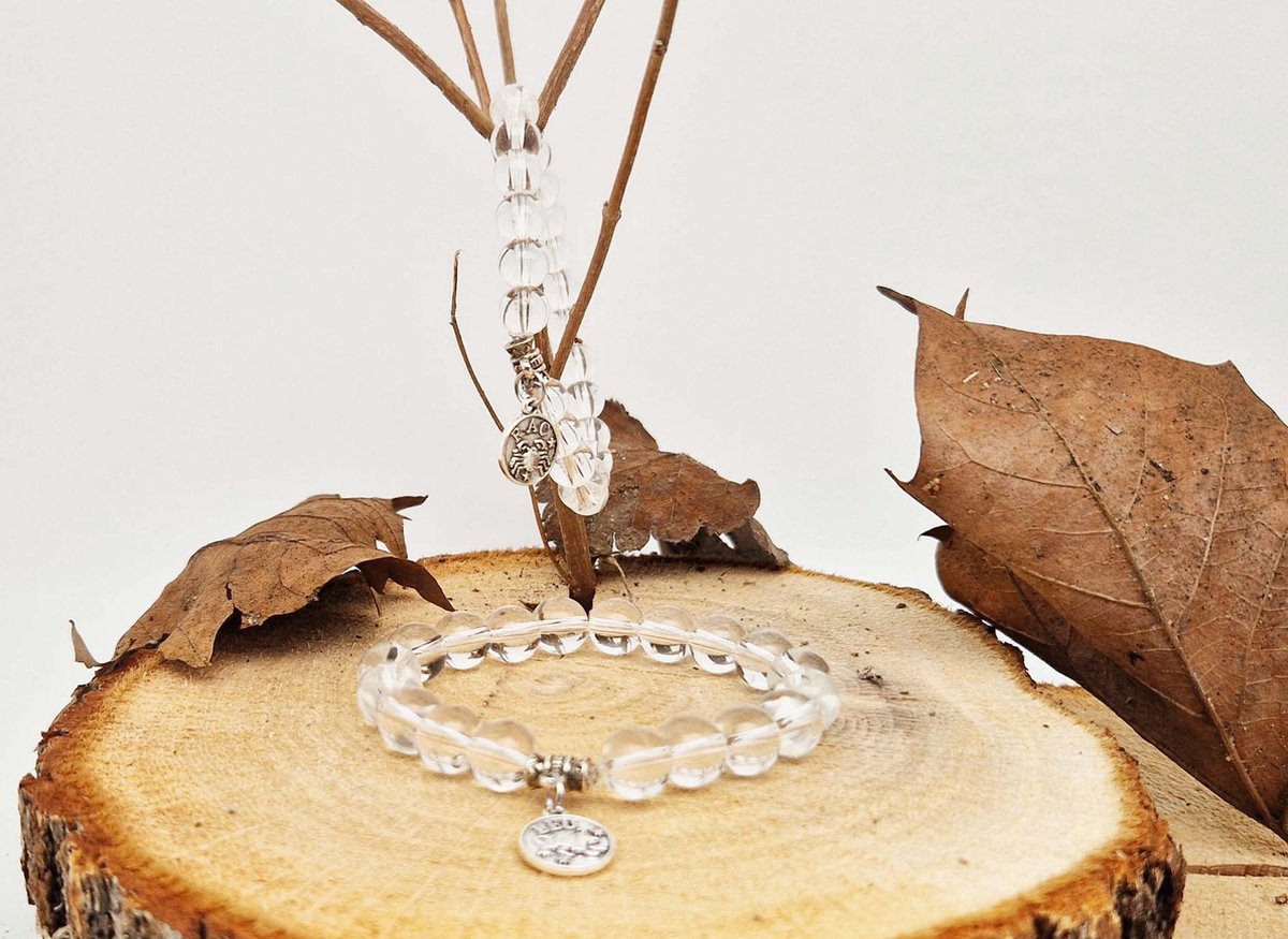 Handgemaakte natuursteen Geluksarmband met hanger "Astrologische Symbolen " Bergkristal" -8 mm diameter van de korrel- Diameter armband 20 cm - Kies je favoriete Astrologische Symbolen - Een mooi cadeau voor familie en vrienden