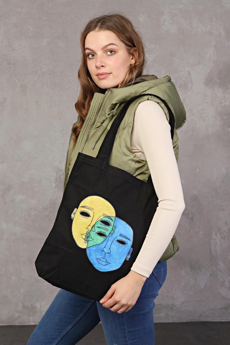 Kwube Dames Tassen - Shopper - Zwart Katoen - Linnen Tas - Gekleurde Gezichten Design - 35x40 cm - Cadeau Voor Haar - Katoenen Schoudertas - Zwarte Boodschappentas - Colored Faces Black Cotton Tote Bag