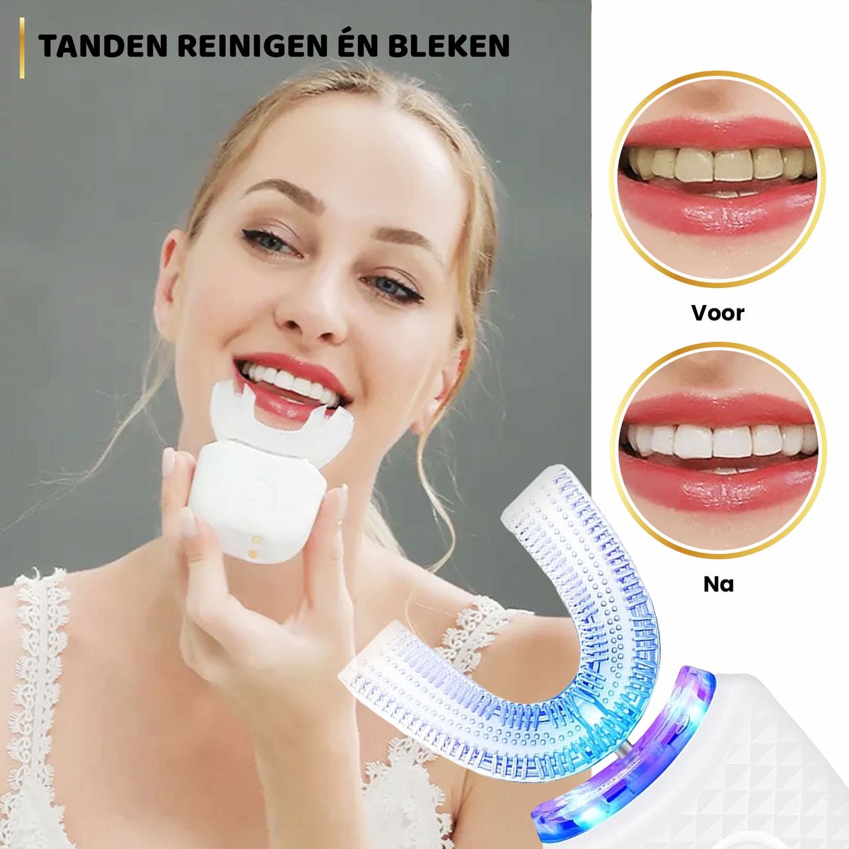 Afbeelding 2 van BeautyVlijt - Automatische Elektrische Tandenborstel - Tanden Bleken en Reinigen - Handsfree - UV Blauw Licht - 360° - Tandenreiniger voor Wittere Tanden - 4 Standen - Waterbestendig - Teeth Whitening - Oplaadbaar - Inclusief 5 Tandenbleek Sets