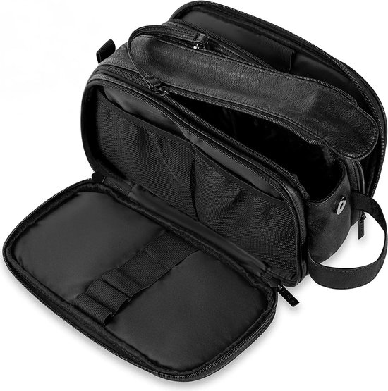 Foto: Pazzo goods toilettas lugo toilettas heren toilettassen zwart leer ruim en praktisch meerdere vakken travel organizer