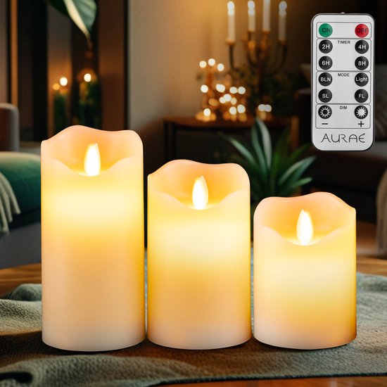 Aurae Led Kaarsen met Bewegende Vlam - 3x - Echte Wax - Afstandsbediening - 250+ Branduren - op Batterijen - Flikkerende Vlam - Timer