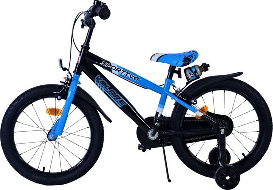 Zijzicht van een blauw-zwarte kinderfiets met 'VOLARE' en 'SPORTIVO' logo's.