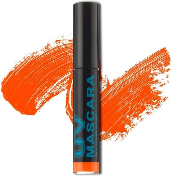 Zwarte huls met oranje tekst 'UV Mascara'. Oranje vegen en vloeistof zichtbaar.