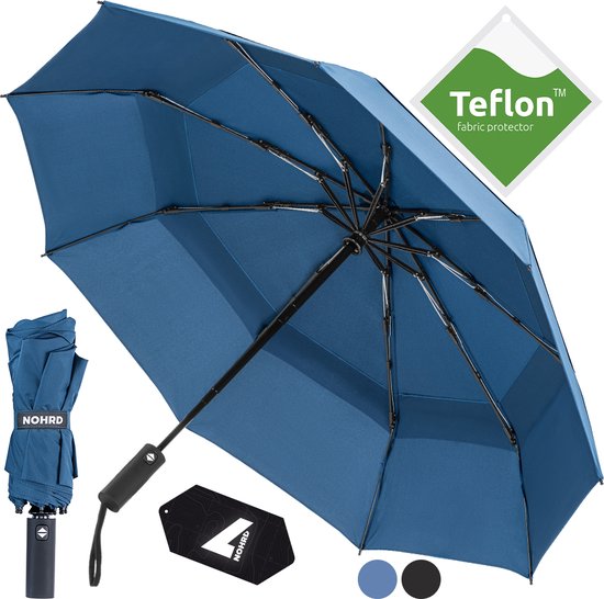 Nohrd Stormparaplu - Blauw - Paraplu Opvouwbaar - Wind Doorlaatbaar - 140 km/h - Stormparaplu's - 2 Personen - Automatisch In- en Uitklapbaar - Paraplu's - Reflecterend - Incl. Beschermhoes