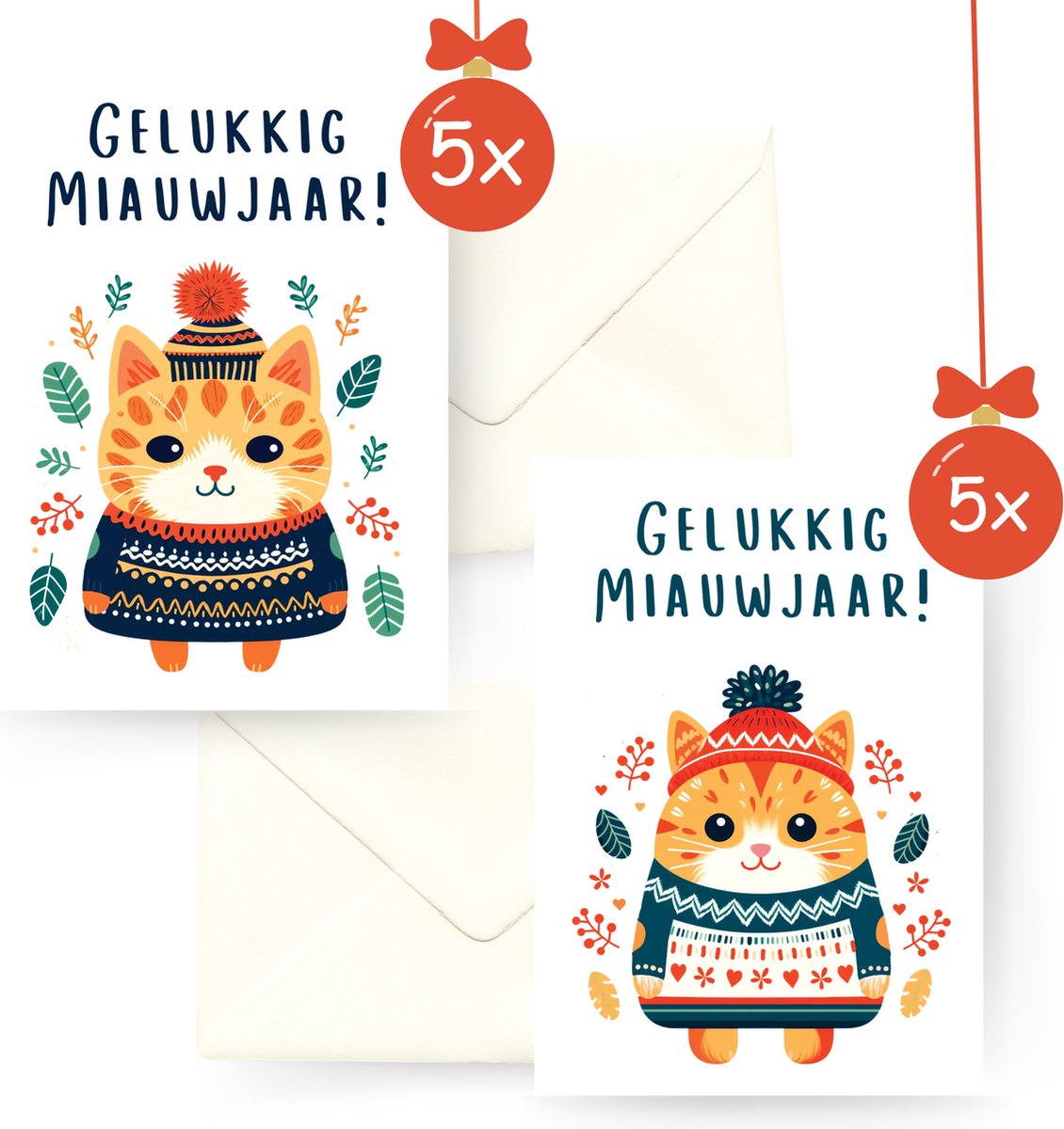 Kerstkaart kat - 10 enkele kaarten met omslagen en sluitzegels - Geïllustreerde kat met tekst 'Gelukkig Miauwjaar'