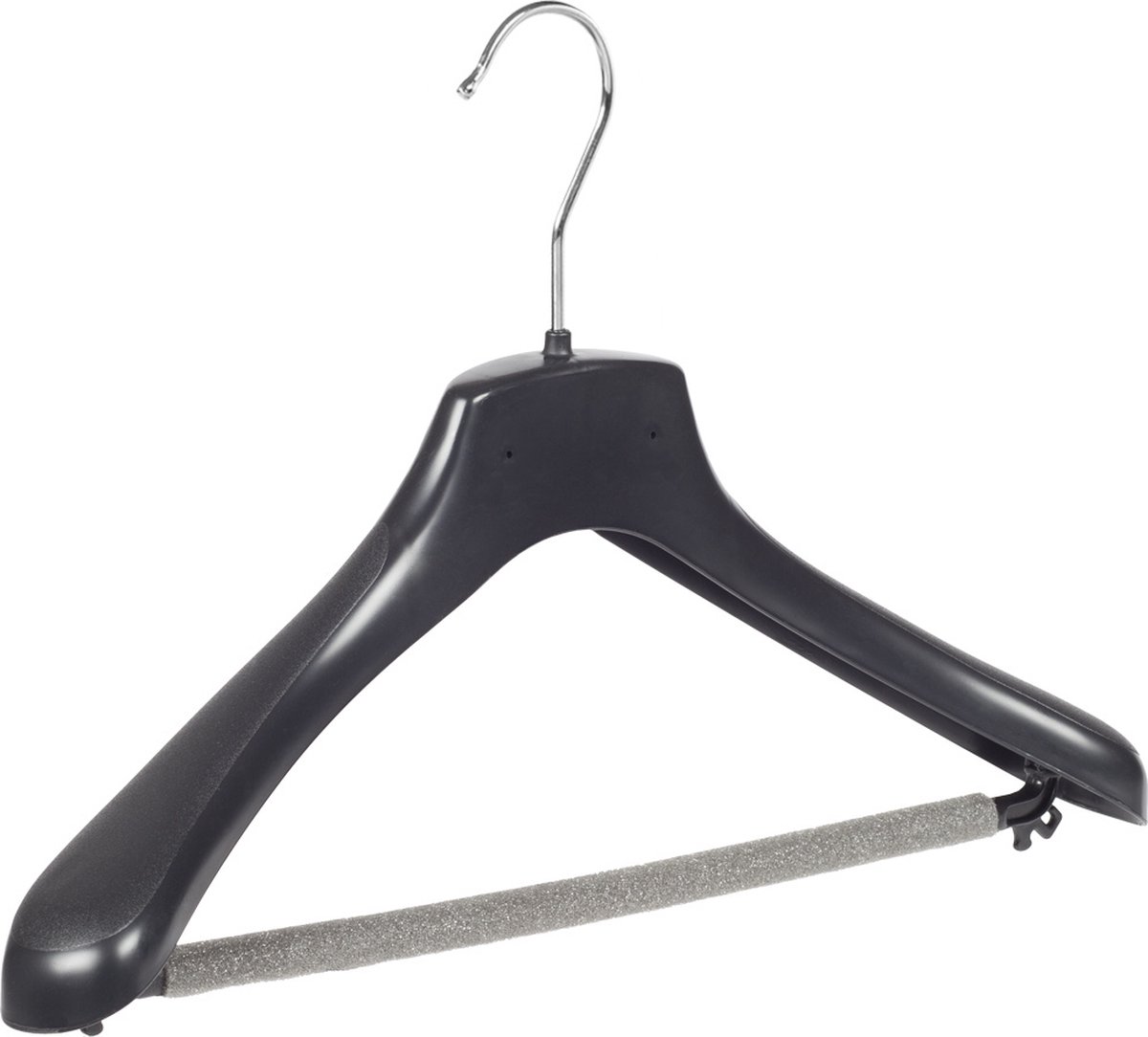 De Kledinghanger Gigant - Mantelhanger - Kostuumhanger - Jassenhanger - Volwassenen - HZ38 - 30 Stuks - Kunststof - Zwart - Gebogen Model - Schouderverbreding 4,8 cm - Broeklat met Schuim - 38 cm - Kledinghanger - Kleerhanger - HZ-Serie