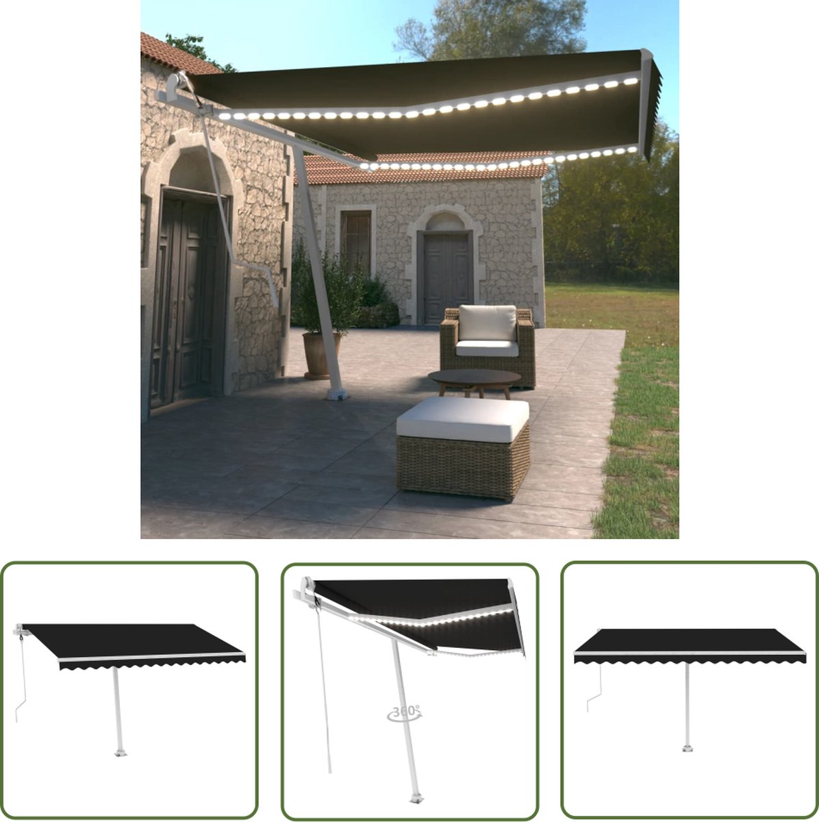 Automatische Luifel met LED en Windsensor, antraciet, 450x350 cm - Tuinparasol met modern design en functionaliteit.