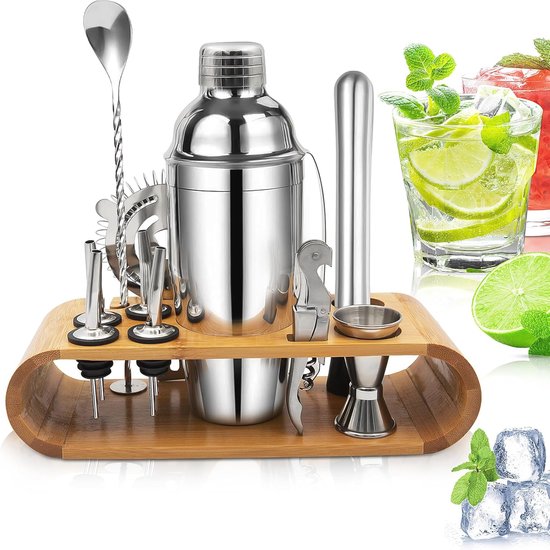 Mixology Cocktailshakerset, 10-delige cocktailset, thuisbarman set in bamboestand met lepel, Boston Shaker, ander gereedschap voor het mixen van dranken, martini, mocktail - cadeauset (goud
