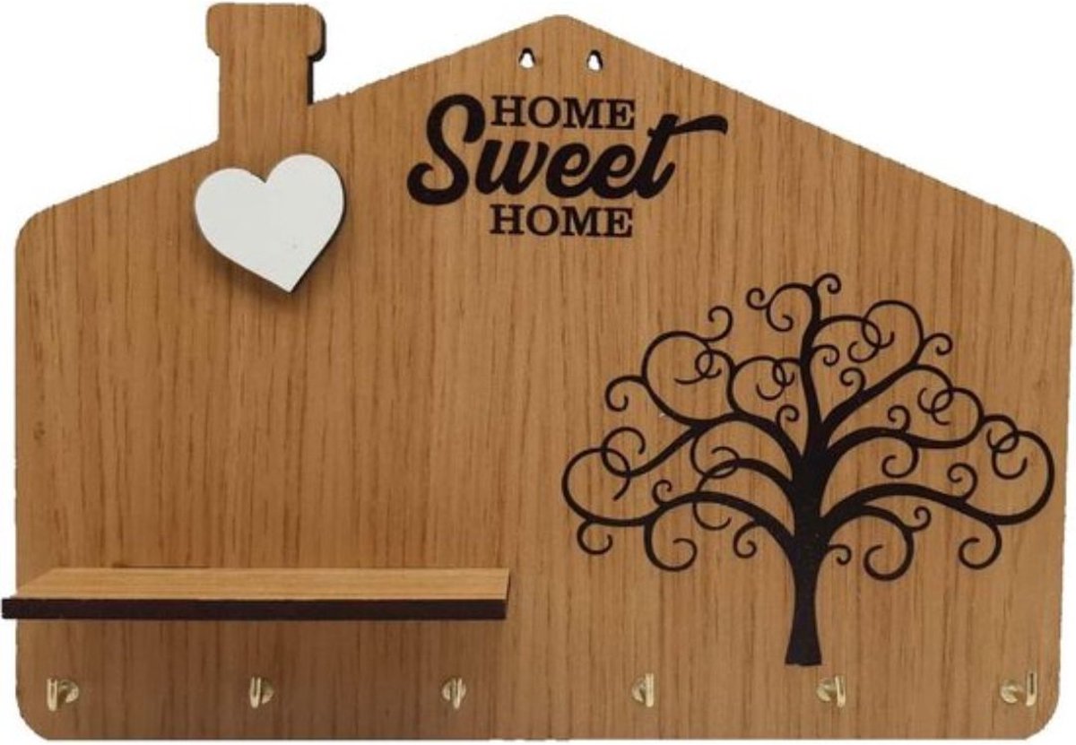 Sleutelbord van MDF-hout, met het opschrift "Home Sweet Home", gegraveerde levensboom en hartje in reliëf, met plank, 6 haken, kleur: hout. Geweldig cadeau-idee