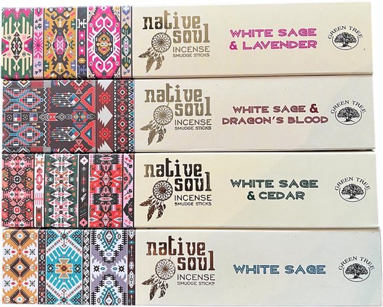 Vier doosjes Native Soul wierook met etnische patronen en labels: White Sage & Lavender, White Sage & Dragon's Blood, White Sage & Cedar, en White Sage.
