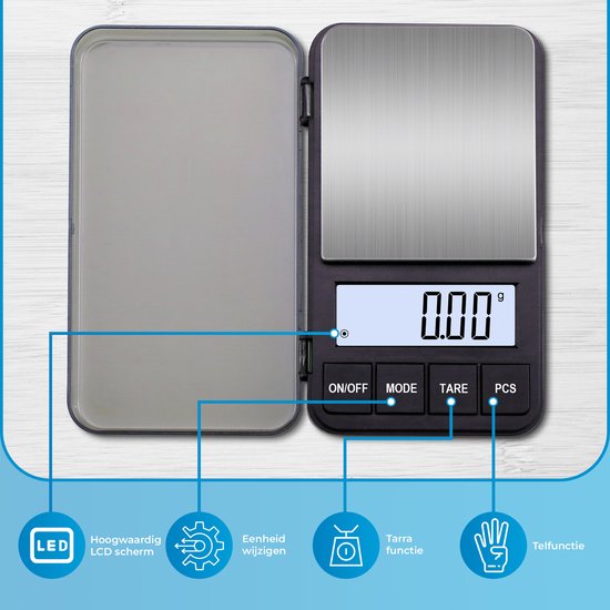 Balance numérique avec couvercle ouvert, écran 0,00g. Caractéristiques : écran LED, changement d'unité, Tare, fonction de comptage.