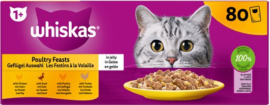 Whiskas Kattenvoer, natvoer voor volwassenen, 1 met kip in gelei, 12 blikjes (12 x 400 g