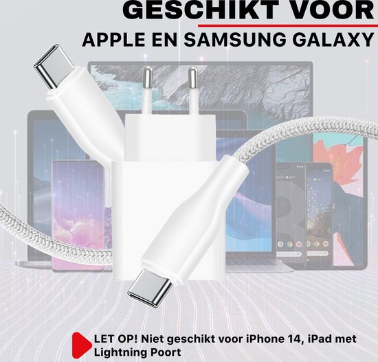 Geschikt voor Apple en Samsung Galaxy. Witte snellader met USB-C kabel. Op de achtergrond diverse telefoons en laptops.